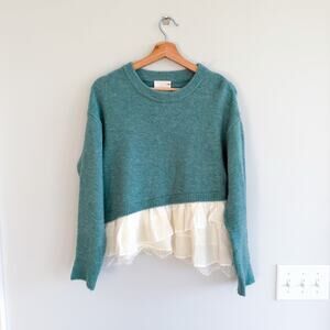 Cinq à Sept Ruffles Lace Hem Crew Neck Pullover Sweater Turquoise XS